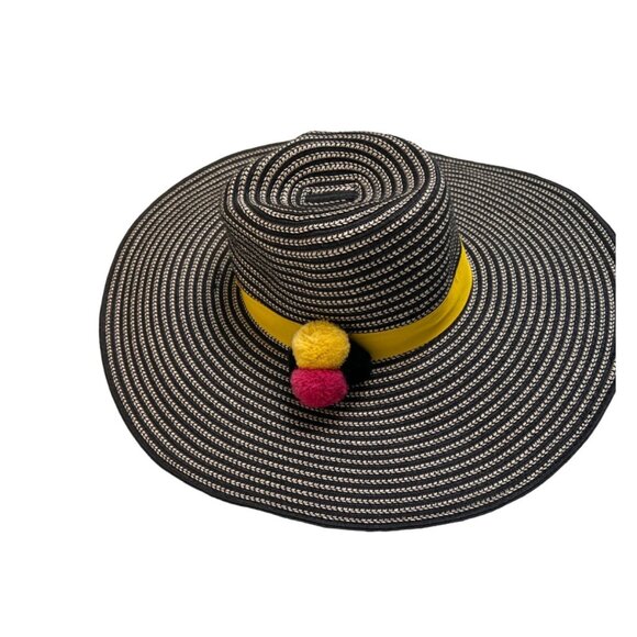 Shiraleah "Belize" Striped Black & Beige Sun Hat With Yellow Band & Pom-Poms - Picture 3 of 7